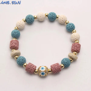 Colorful Volcanic Stone Bracelet with Cubic Zirconia Eye Beads