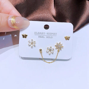 3 Pairs/Set CZ Flower Butterfly Stud Earrings Women Gift Jewelry
