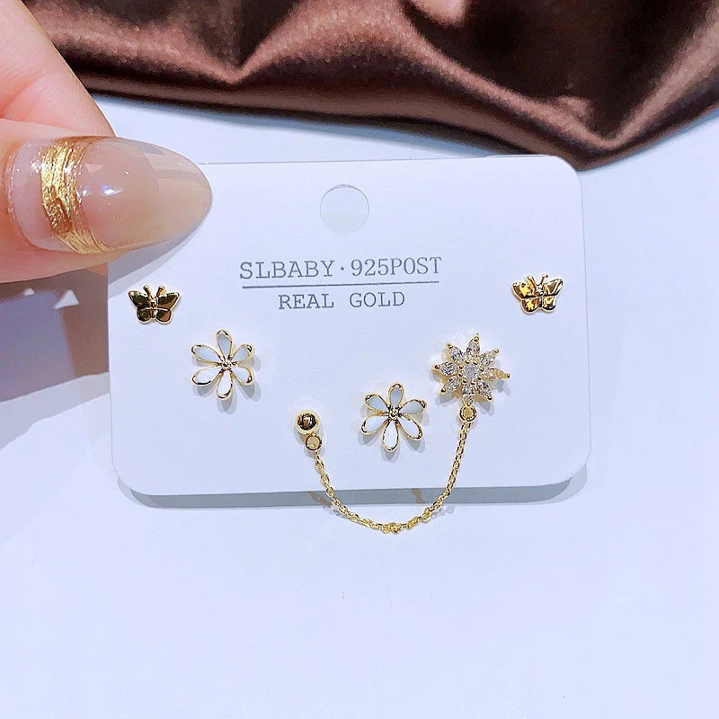 3 Pairs/Set CZ Flower Butterfly Stud Earrings Women Gift Jewelry