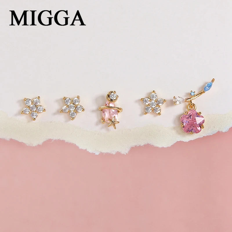 5pcs Flower Stud Earrings Set Crystal Piercing Jewelry