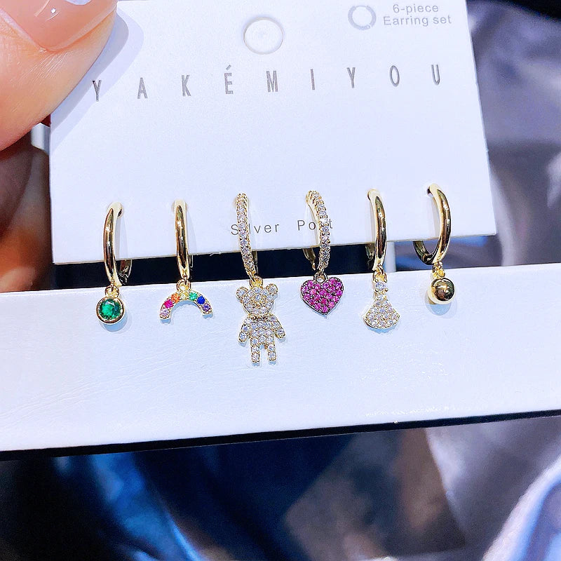 Rainbow Bear Heart CZ Dangle Earrings Set Jewelry