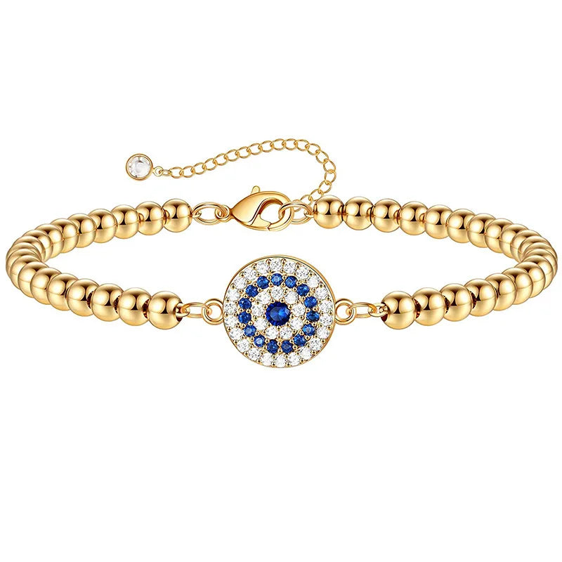 MIQIAO 14K Yellow Evil Eyes Crystal Beads Bracelet for Women Gift