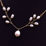 MIQIAO 18K Plated Pearl Leaf Pendant Necklace for Women