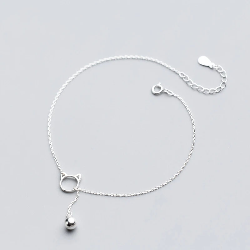 925 Silver Cat Bell Anklet Leg Bracelet Foot Chain Beach Accessory Women