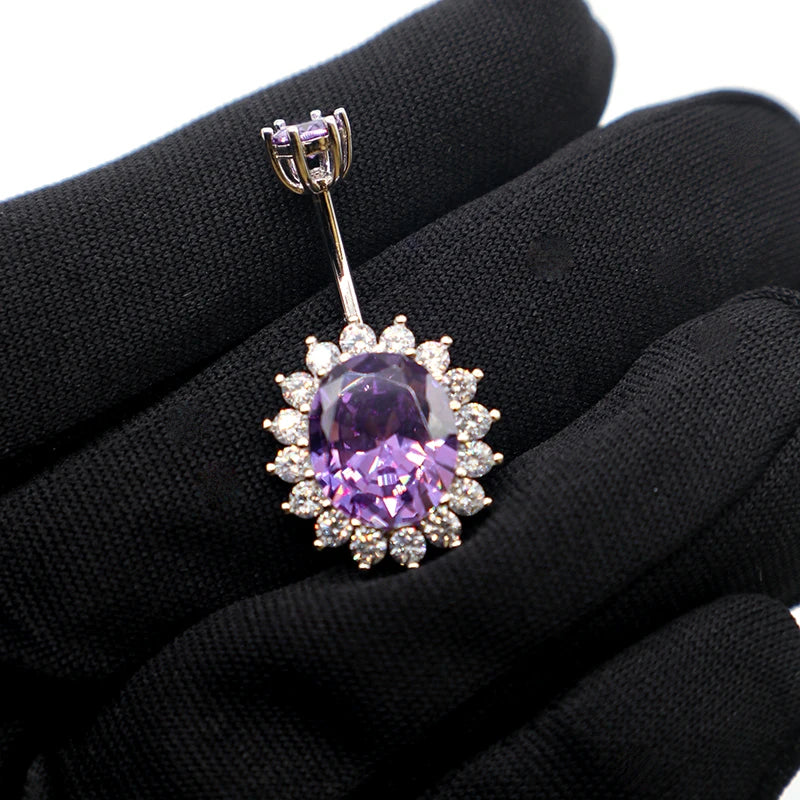 925 Silver Oval Flower Purple Zircon Belly Button Piercing