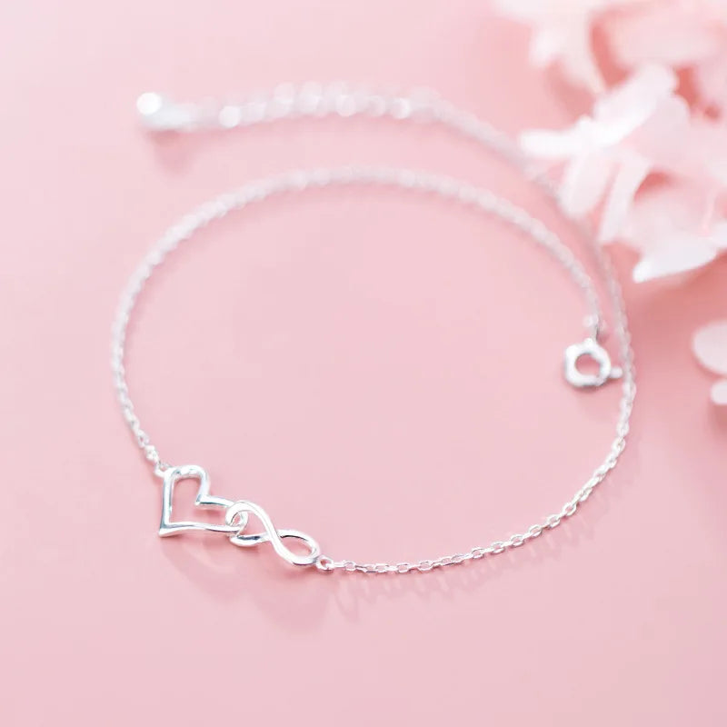 925 Silver Heart Anklet Women's Bracelet On Leg Love Foot Chain 21.5 CM