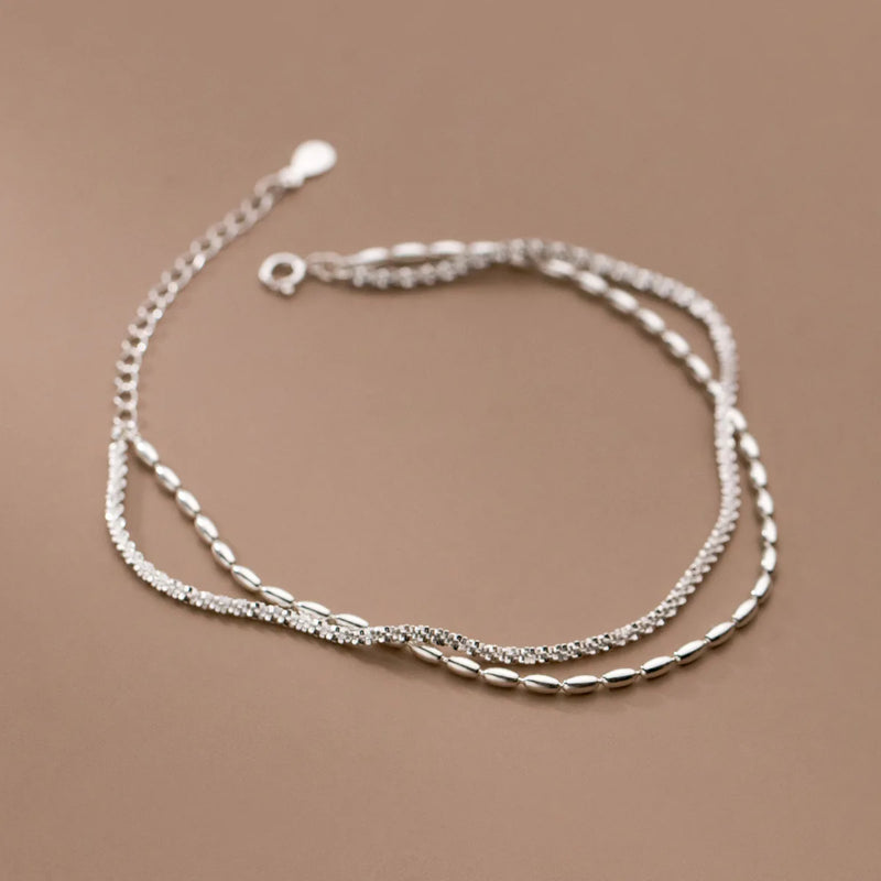 925 Silver Popcorn Chain Bead Anklets Double-Deck Tobillera