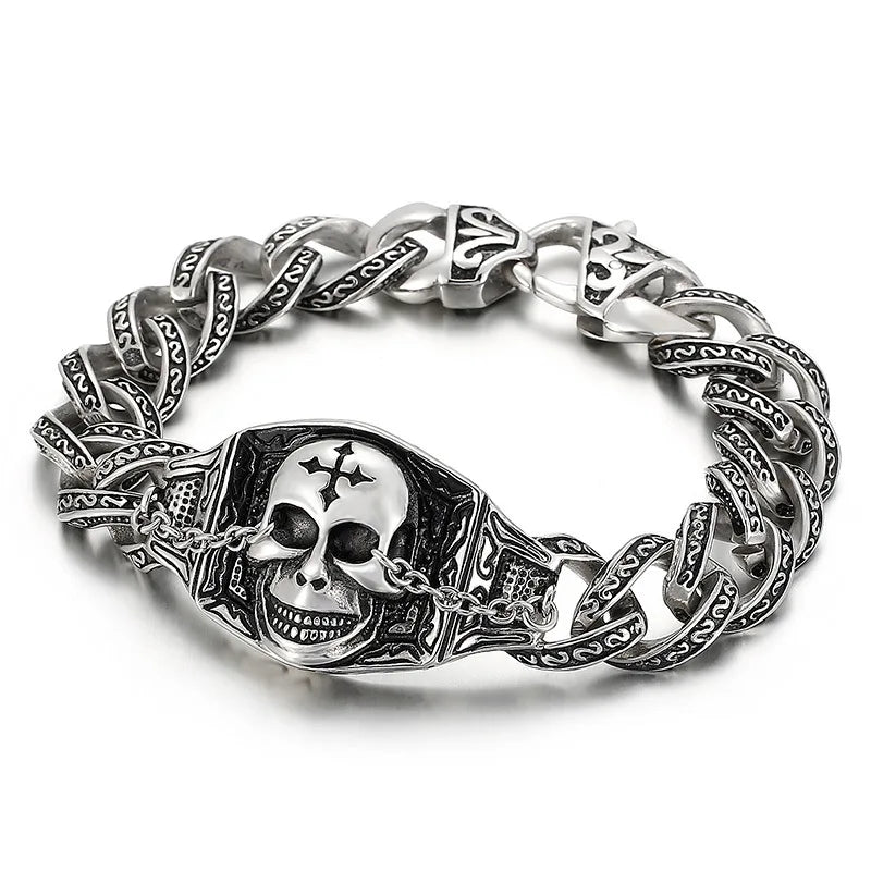 925 Silver Skull Totem Punk Bracelet for Men