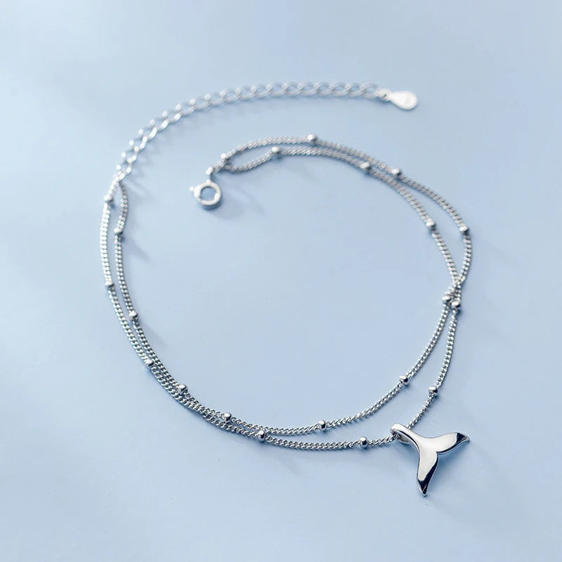 925 Silver Whale Tail Anklet Chain Double Foot Bracelet for Women
