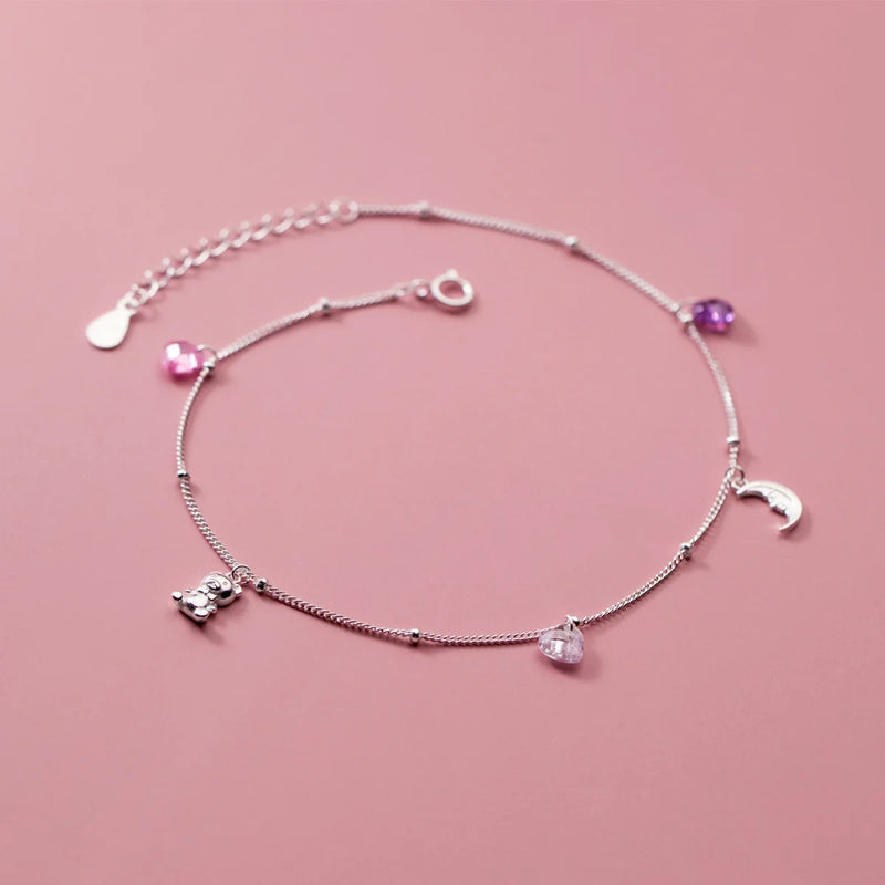 925 Sterling Silver Anklets Woman Leg Foot Bracelet Moon Bear Love