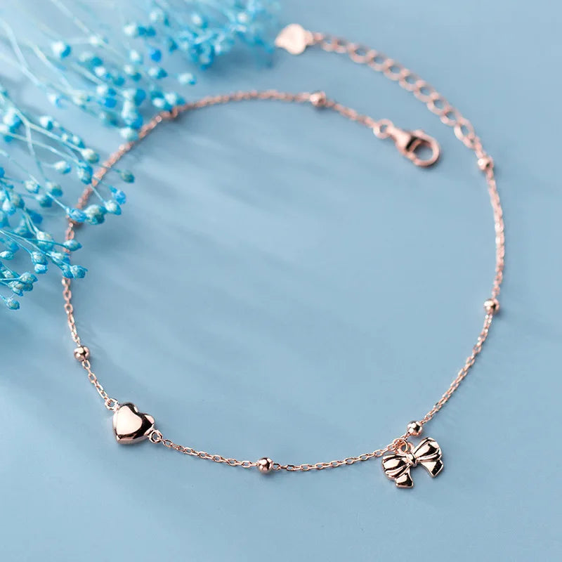 925 Silver Bowknot Anklet Rose Women Jewelry Chain
