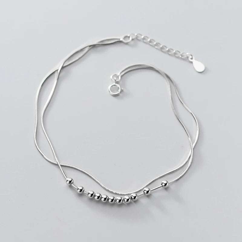 Silver 925 Foot Bracelet Anklet Snake Chain Round Beads