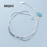 Silver 925 Foot Bracelet Anklet Snake Chain Round Beads