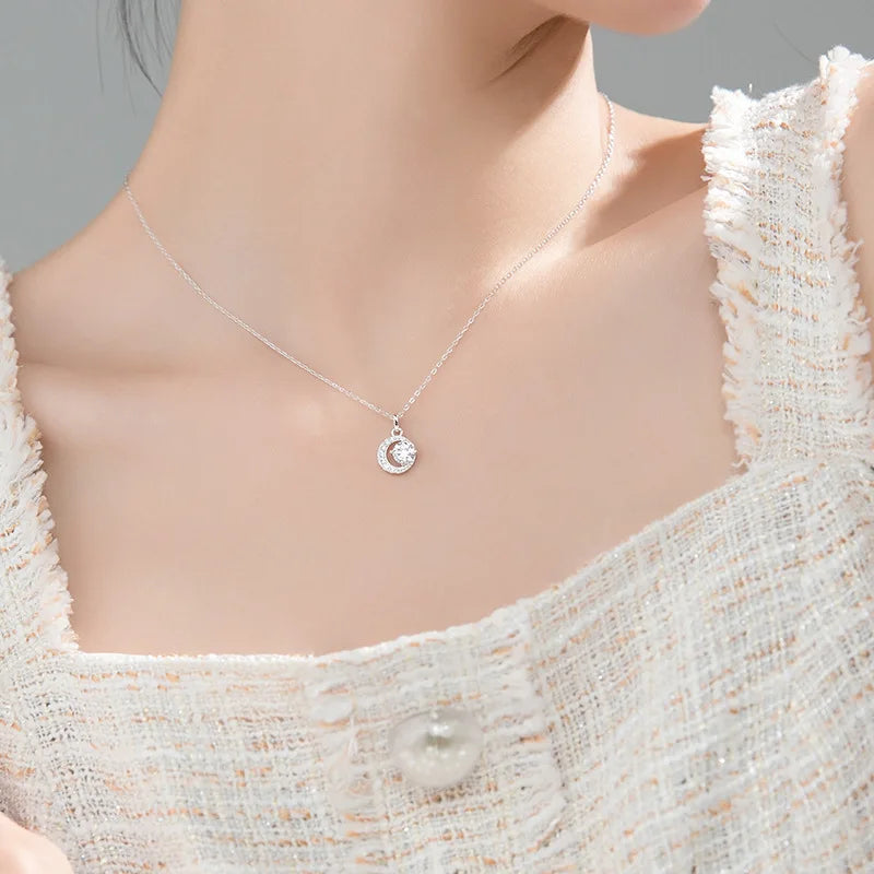 925 Silver Pendant Choker Necklace with Round Diamond Full Moon Design