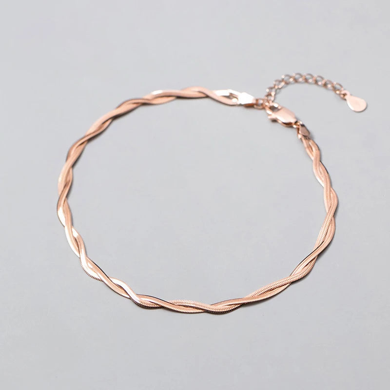 Double-layer Snake Chain Anklet 925 Sterling Silver Foot Jewelry Rose Ornament