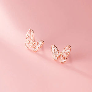 Butterfly Stud Earrings Silver 925 Romantic Diamonds Zircons Rose