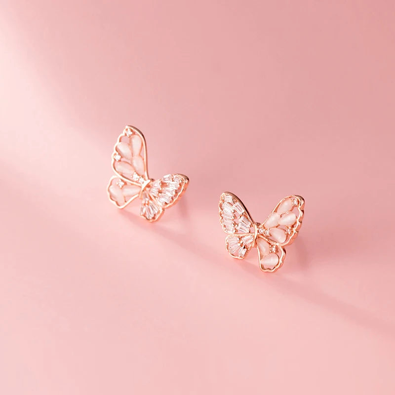 Butterfly Stud Earrings Silver 925 Romantic Diamonds Zircons Rose