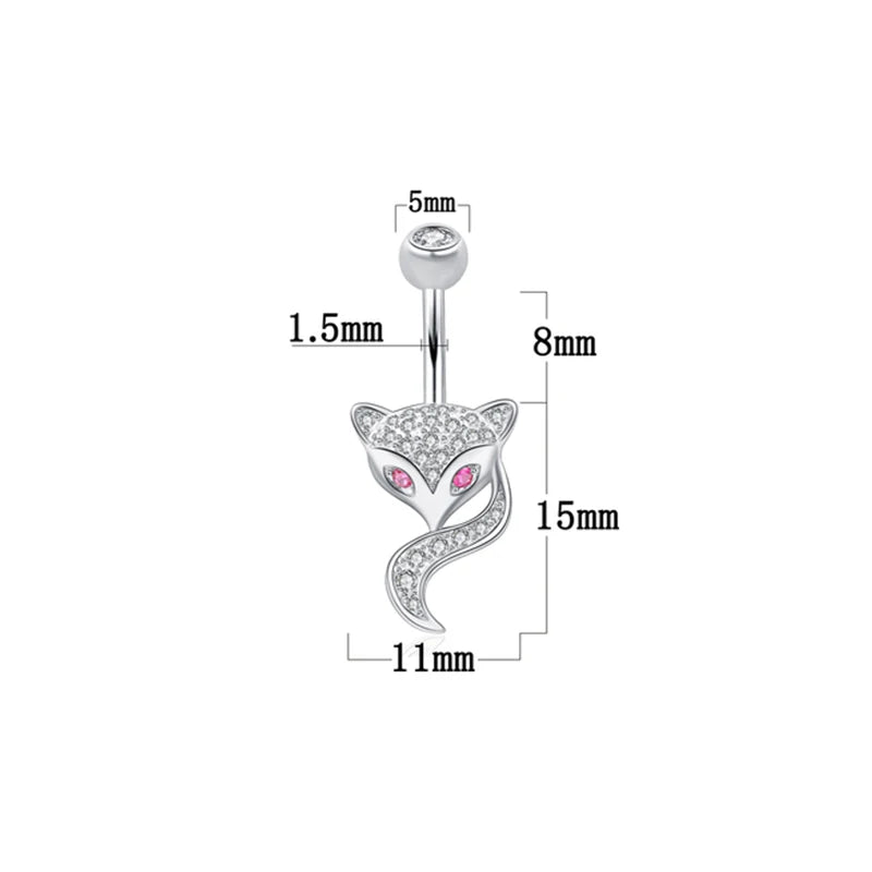 Fox Belly Button Piercing 925 Sterling Silver Zircon Navel Bar