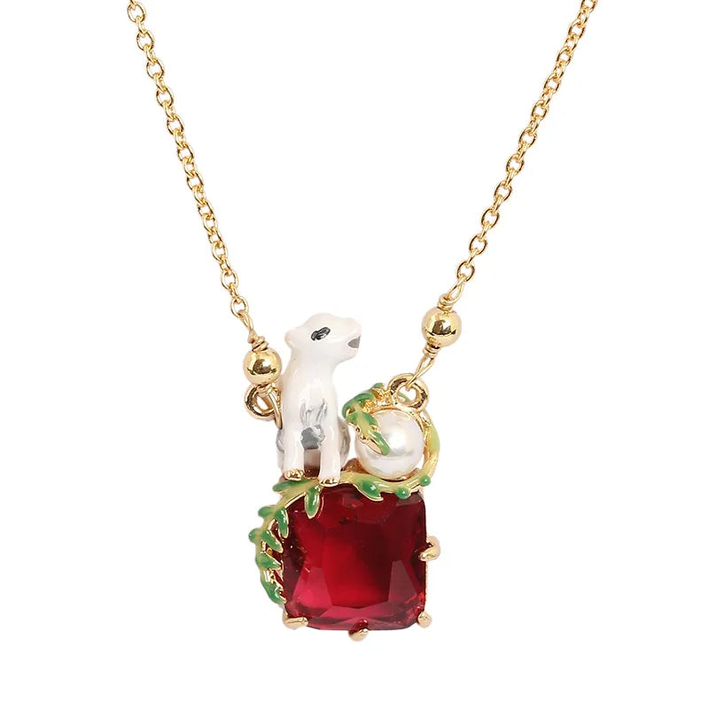 Polar Bear Red Stone Zircon Pearl Pendant Necklace for Women
