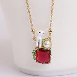 Polar Bear Red Stone Zircon Pearl Pendant Necklace for Women