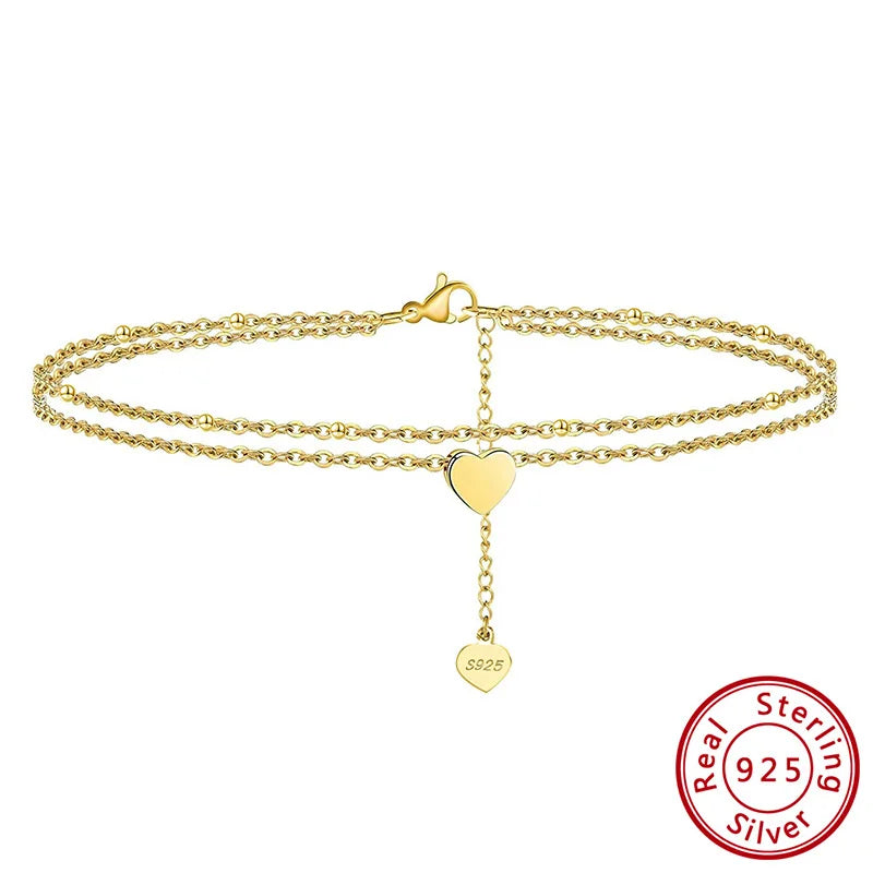 925 Sterling Silver Heart Anklets Woman Bracelet Leg Barefoot Jewelry