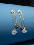 Long Earrings 925 Silver Gold-plated Pearl Crystal Flower Stone