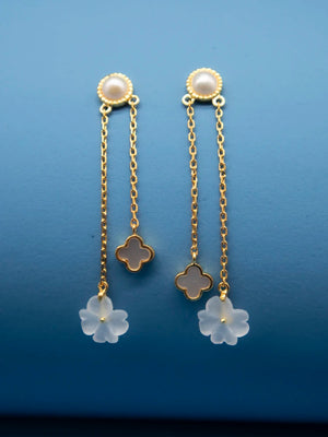 Long Earrings 925 Silver Gold-plated Pearl Crystal Flower Stone