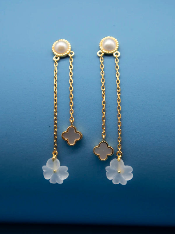 Long Earrings 925 Silver Gold-plated Pearl Crystal Flower Stone