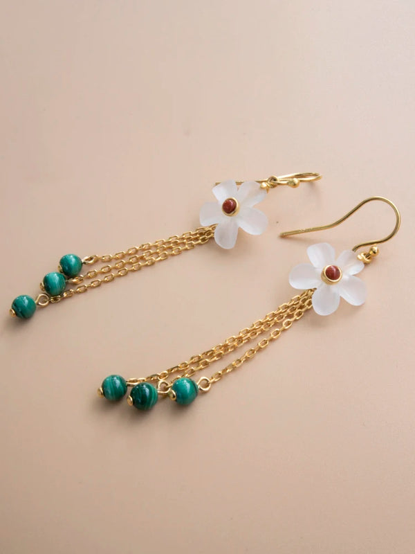 Crystal Flower Long Earrings Malachite Tassel Women Silver 925