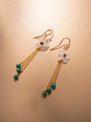 Crystal Flower Long Earrings Malachite Tassel Women Silver 925