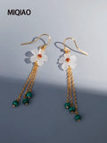 Crystal Flower Long Earrings Malachite Tassel Women Silver 925