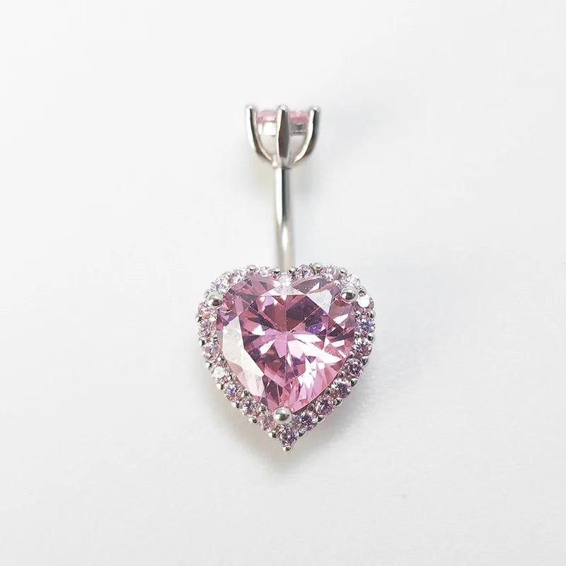 925 Sterling Silver Heart Navel Nail Pink Zircon 6-12MM Length