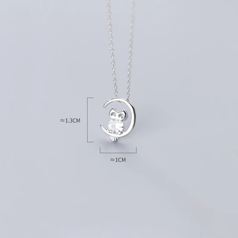 Owl Pendant 925 Silver Necklace Women Choker Single Diamond Moon Chain