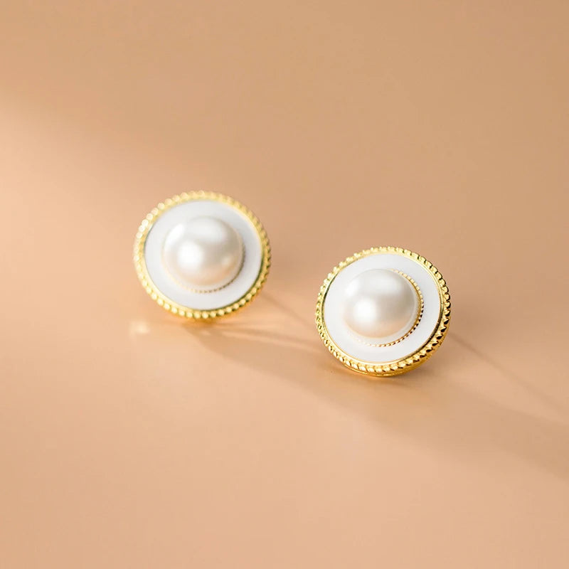 Vintage Pearl Stud Earrings 925 Sterling Silver Plated Jewelry