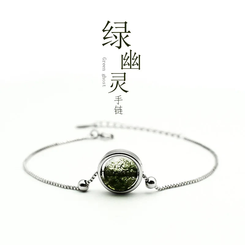 S925 Sterling Silver Star Green Ghost Glasses Plant Ball Vintage Bangle Bracelet