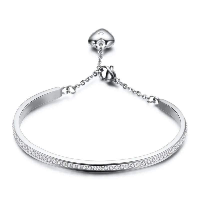 Silver Plated Crystal Love Heart Charms Bangle Bracelet for Women