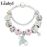 Pink Flower Heart Charm Bracelets Pink Crystal Bead Bracelet