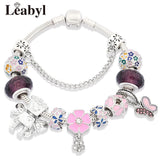 Pink Flower Heart Charm Bracelets Pink Crystal Bead Bracelet