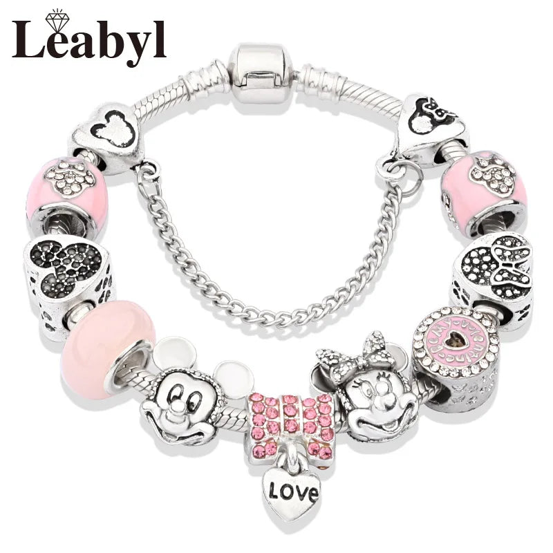 Pink Flower Heart Charm Bracelets Pink Crystal Bead Bracelet