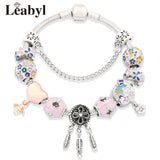 Pink Flower Heart Charm Bracelets Pink Crystal Bead Bracelet