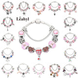 Pink Flower Heart Charm Bracelets Pink Crystal Bead Bracelet