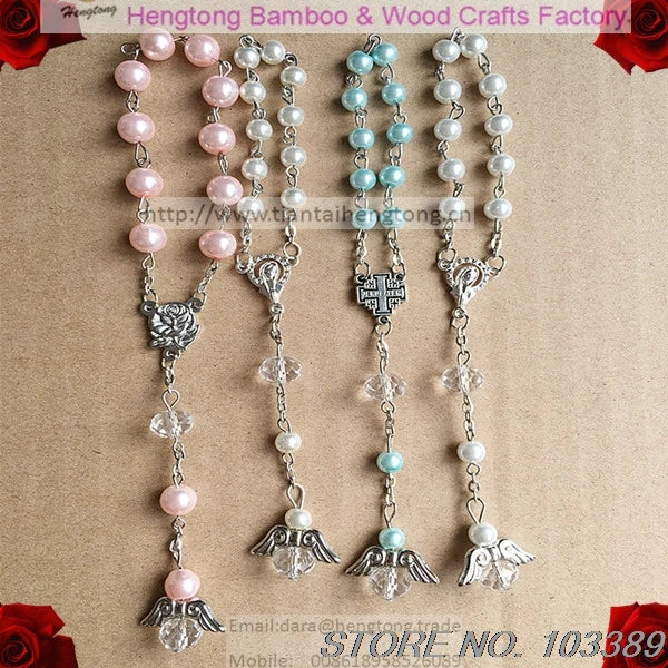 Glass Pearl Rosary Bracelet with Angel Wing Pendant