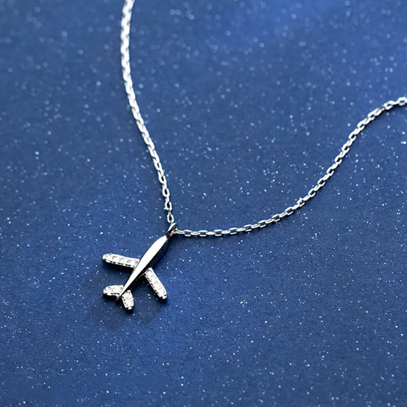 925 Sterling Silver Airplane Pendant Necklace Crystal Jewelry