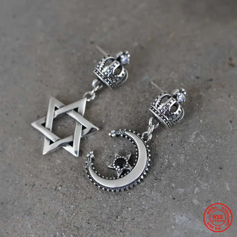 925 Silver Retro Crown Hoop Earring Punk Style Men Women Jewelry