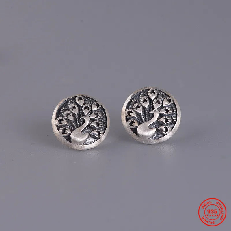 925 Silver Peacock Stud Earring Chinese Style Ear Pin Fine Jewelry
