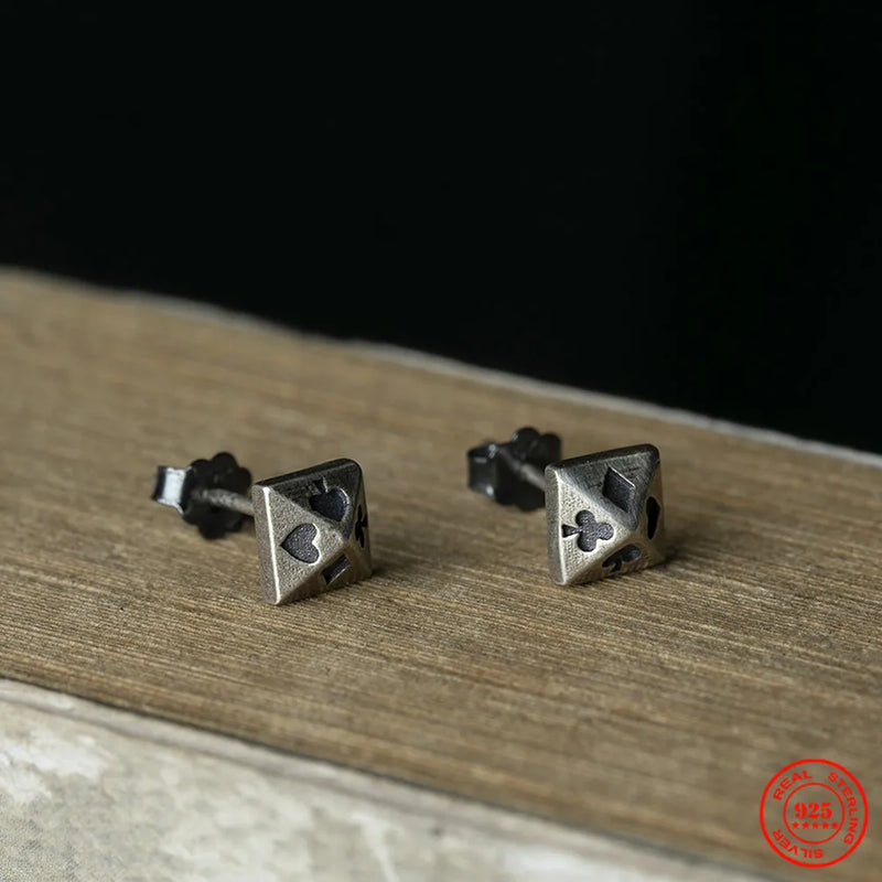 925 Silver Pyramid Rivet Poker Stud Earrings Street Punk Gothic Style