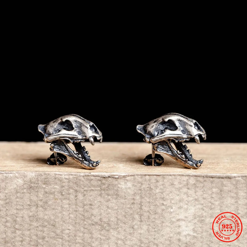 925 Silver Retro Skull Tiger Stud Earring Punk Gothic Ear Pin