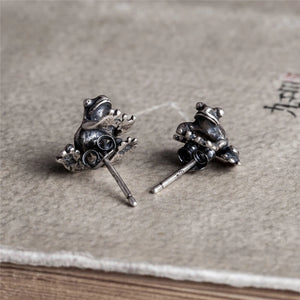 925 Silver Frog Earrings Retro Punk Animal Studs Women Men Fine Jewelry