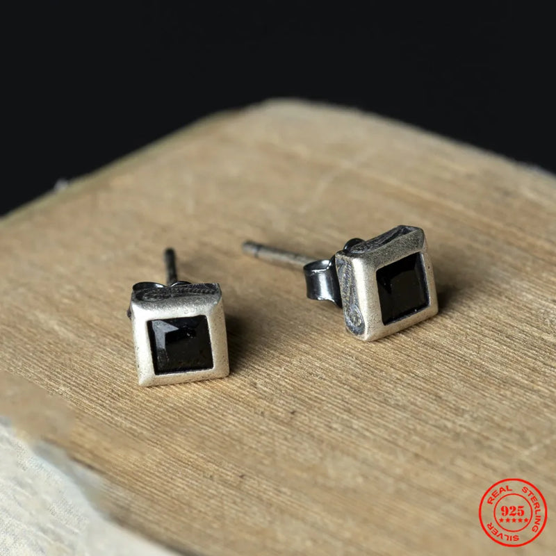925 Silver Square Zircon Stud Earrings Retro Style Punk Rock Gothic
