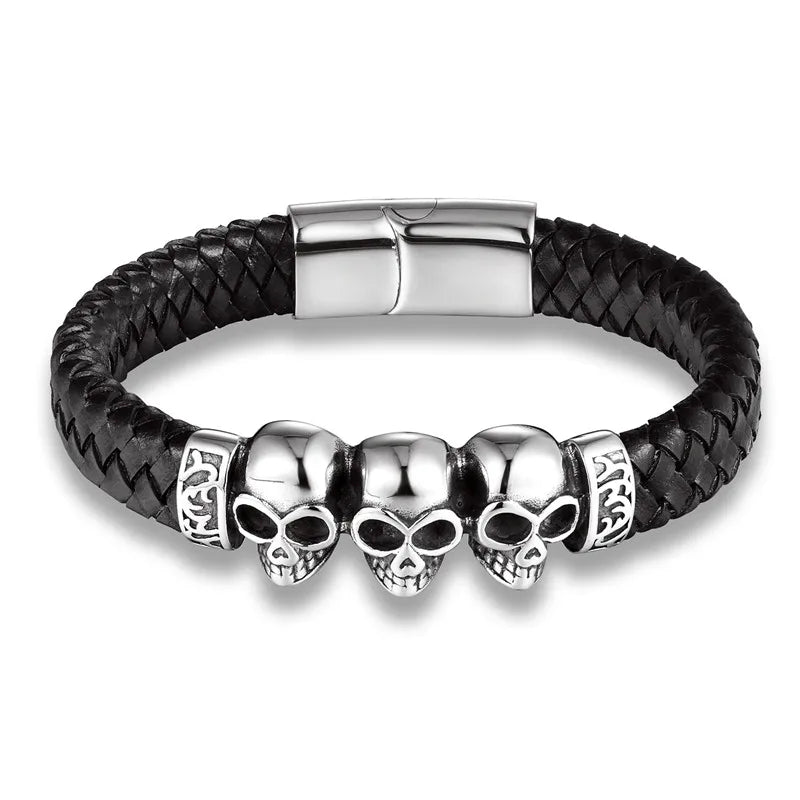 Braided Leather Skull Bracelet Punk Wrap Bracelet